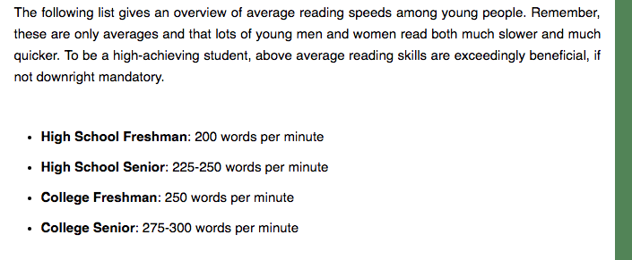 Free Speed Reading list of average reading speed