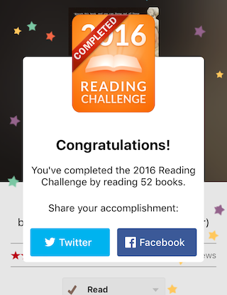 The Goodreads accomplishment screen after reading 52 books in a year